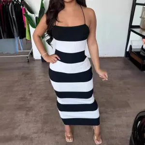 Summer Fashion Knitted Black and White Stripe Vacation Dress