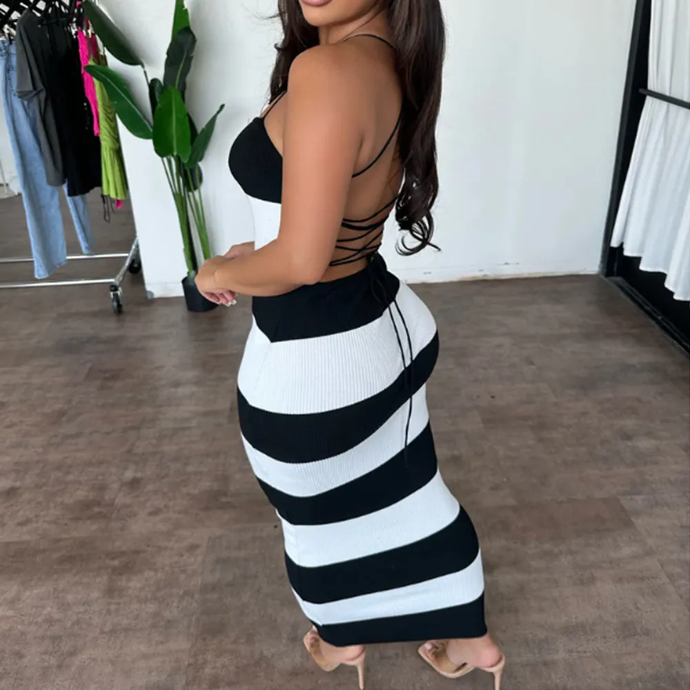 Summer Fashion Knitted Black and White Stripe Vacation Dress
