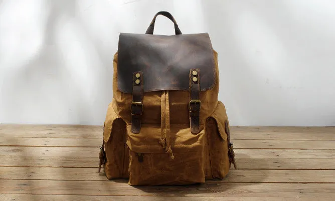 Thick Canvas Waxed Backpack with Leather Decoration #KS6002