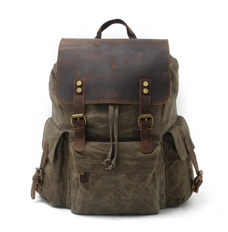 Thick Canvas Waxed Backpack with Leather Decoration #KS6002