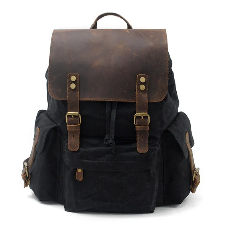 Thick Canvas Waxed Backpack with Leather Decoration #KS6002