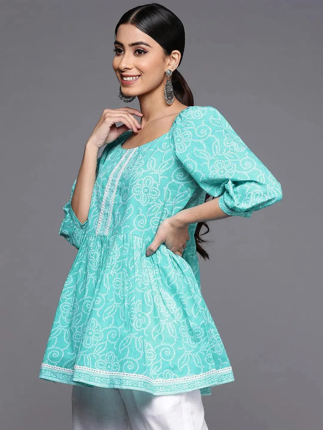 Turquoise Blue Printed Cotton A-Line Kurti