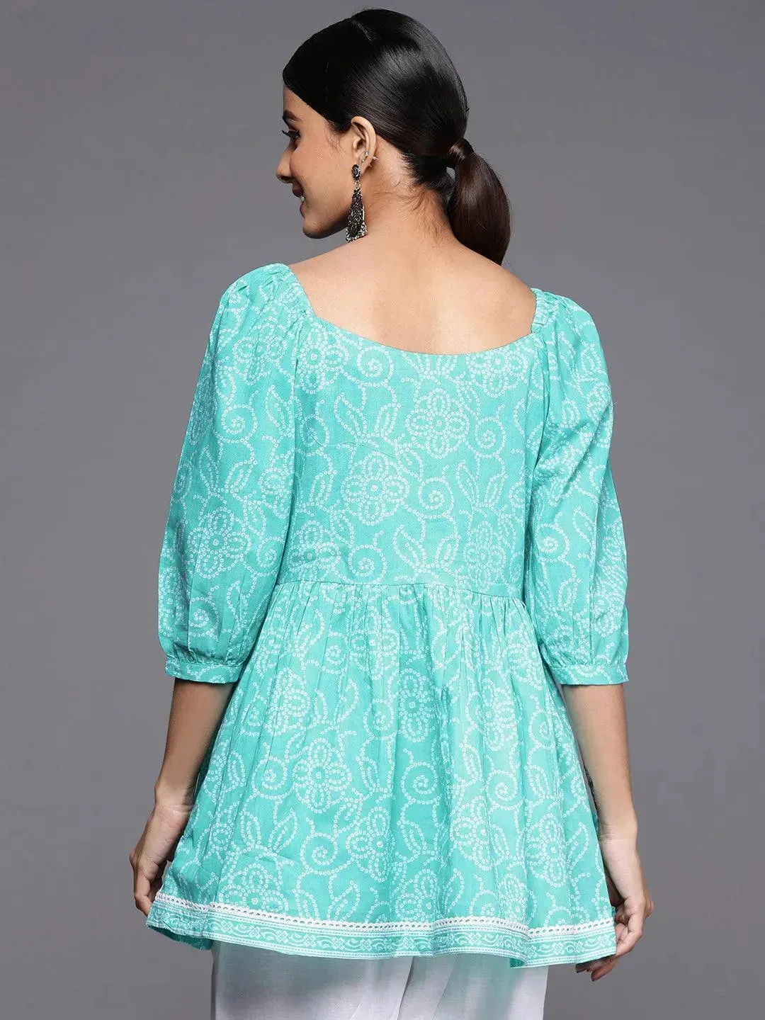 Turquoise Blue Printed Cotton A-Line Kurti