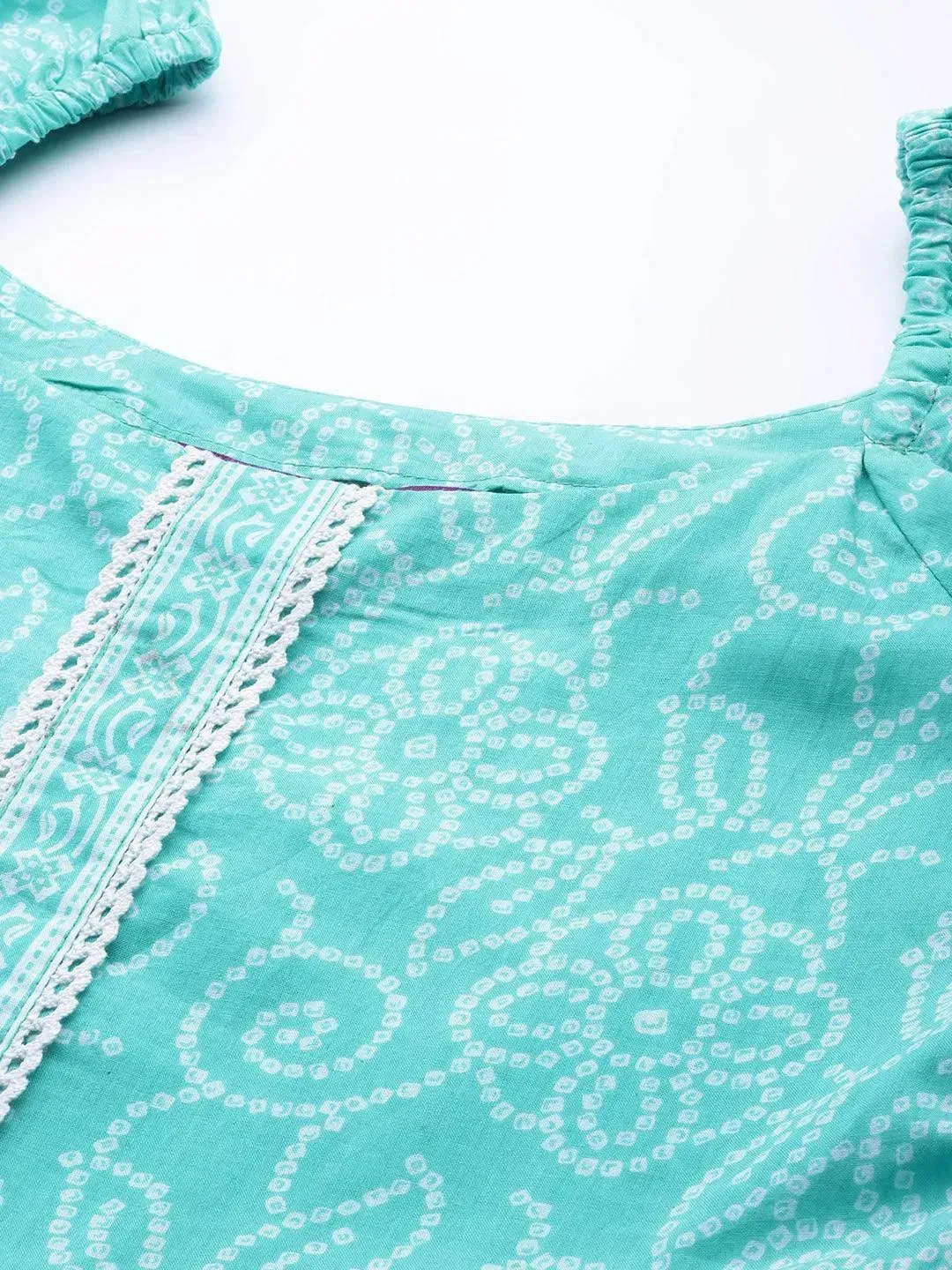 Turquoise Blue Printed Cotton A-Line Kurti