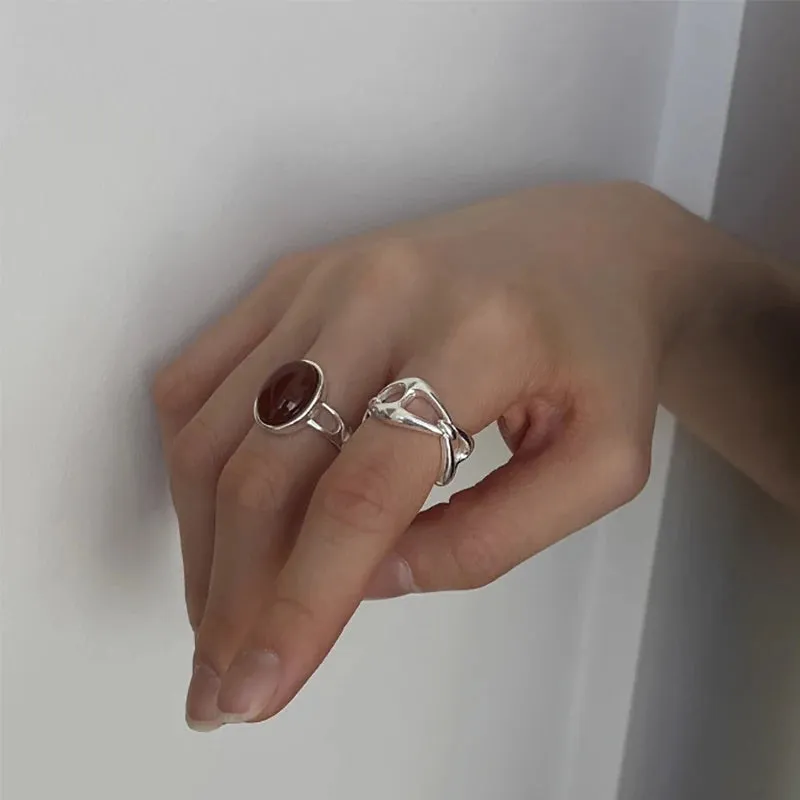 VAIGE Irregular Geometric Silver Ring with Striking Red Stone