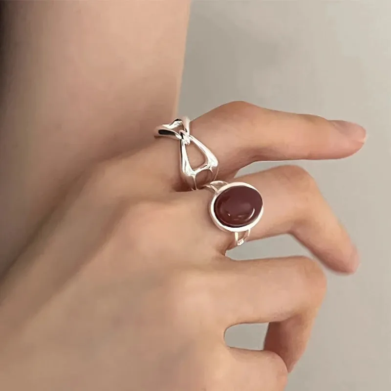 VAIGE Irregular Geometric Silver Ring with Striking Red Stone