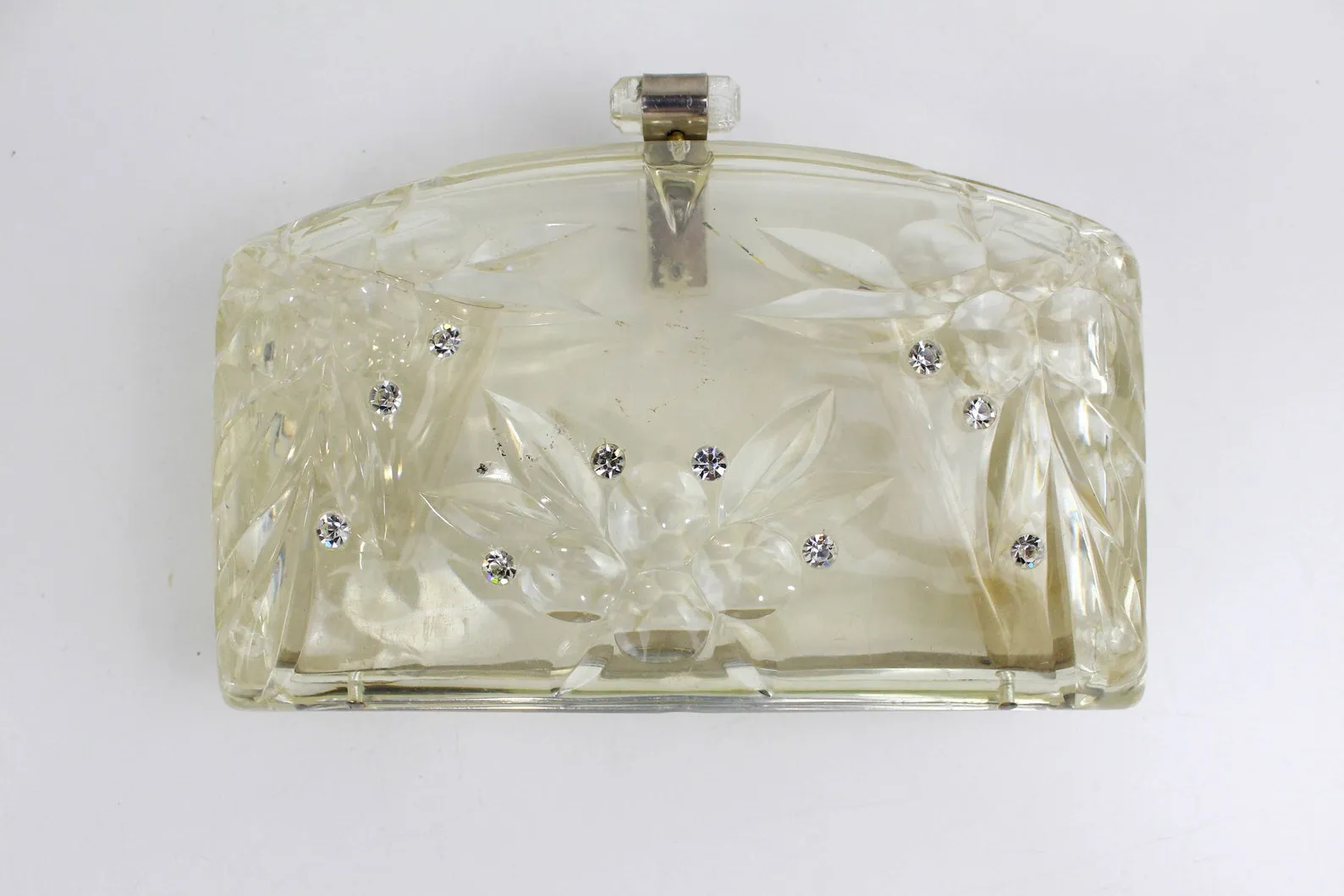 Vintage 1950s Clear Lucite Clutch Purse With Rhinestones & Etched Fruit, Mid-Century Bag