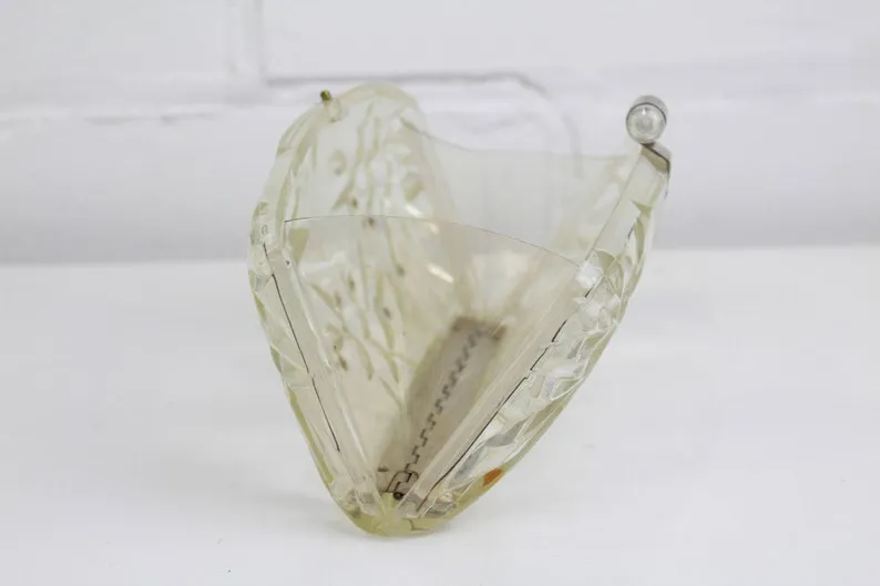 Vintage 1950s Clear Lucite Clutch Purse With Rhinestones & Etched Fruit, Mid-Century Bag
