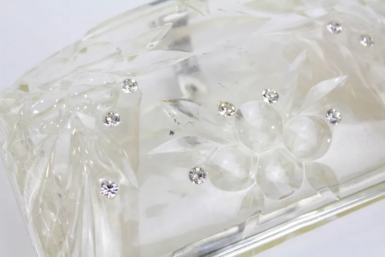 Vintage 1950s Clear Lucite Clutch Purse With Rhinestones & Etched Fruit, Mid-Century Bag