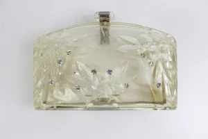 Vintage 1950s Clear Lucite Clutch Purse With Rhinestones & Etched Fruit, Mid-Century Bag