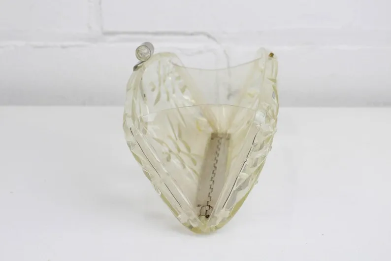 Vintage 1950s Clear Lucite Clutch Purse With Rhinestones & Etched Fruit, Mid-Century Bag