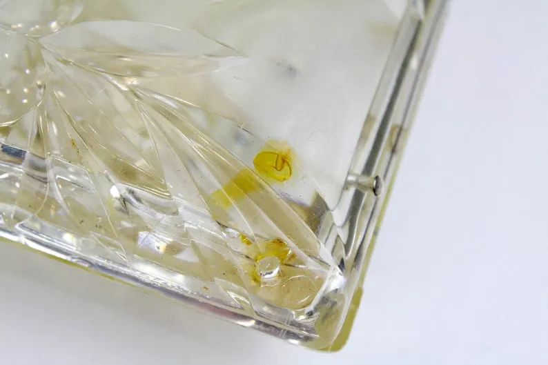 Vintage 1950s Clear Lucite Clutch Purse With Rhinestones & Etched Fruit, Mid-Century Bag