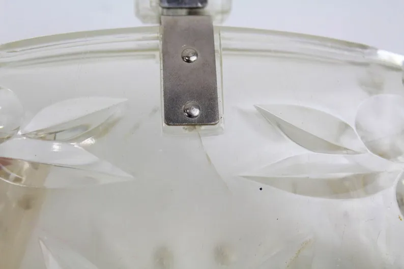 Vintage 1950s Clear Lucite Clutch Purse With Rhinestones & Etched Fruit, Mid-Century Bag