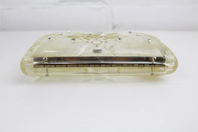 Vintage 1950s Clear Lucite Clutch Purse With Rhinestones & Etched Fruit, Mid-Century Bag