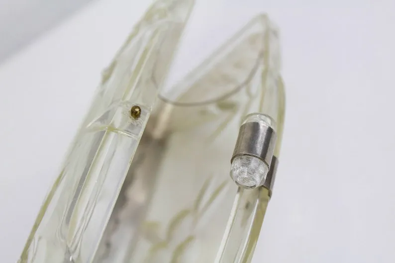 Vintage 1950s Clear Lucite Clutch Purse With Rhinestones & Etched Fruit, Mid-Century Bag
