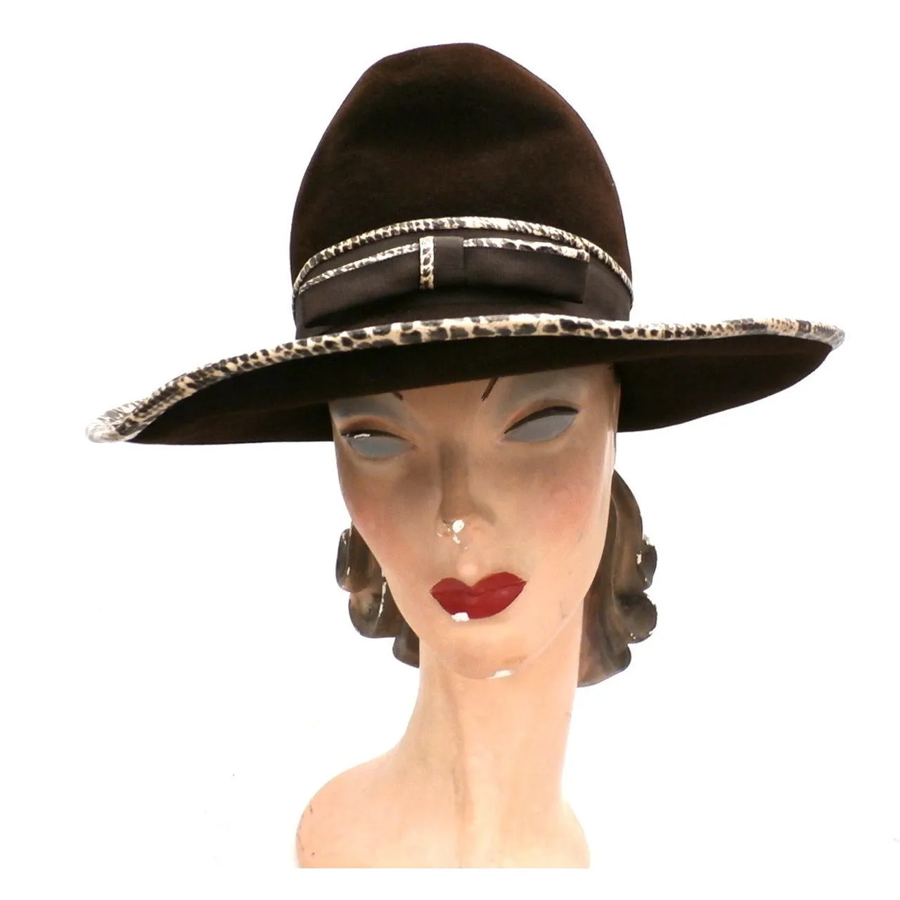 Vintage Ladies Mr. John Jr Faux Snakeskin Hat & Purse 1970S Brown