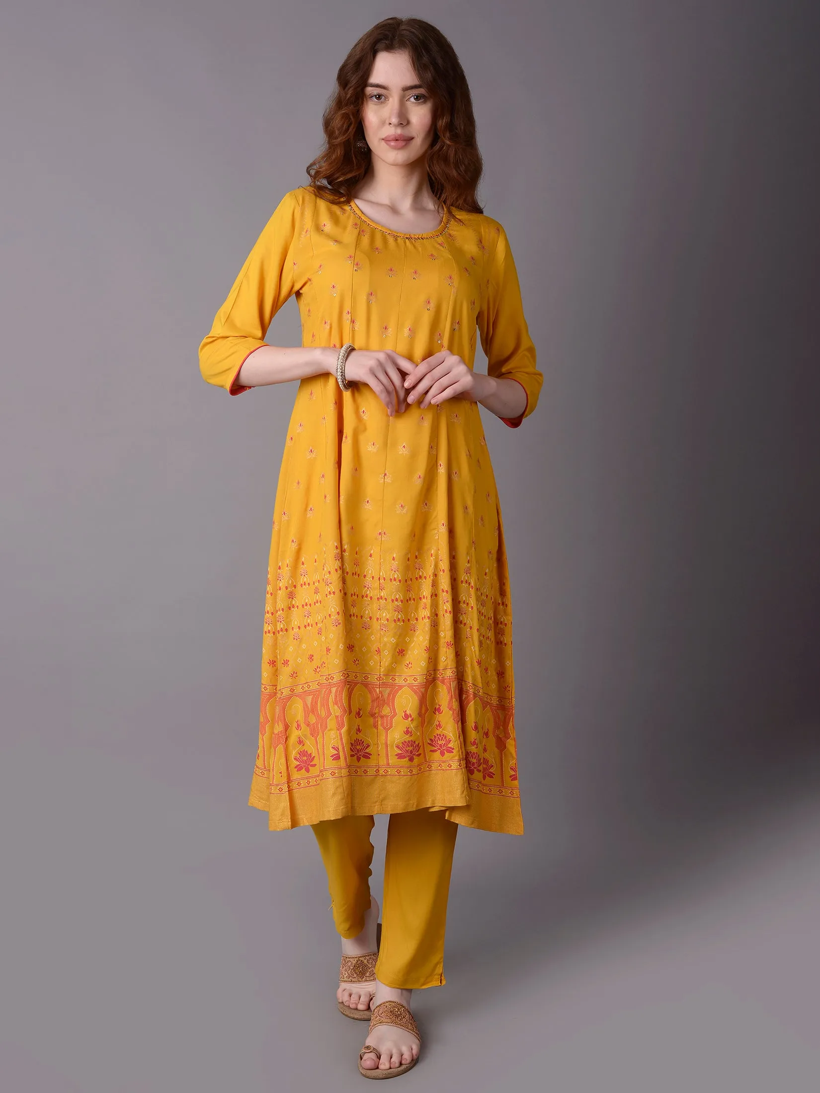 Women Mustard Ornamental Printed Kurta With Trouser