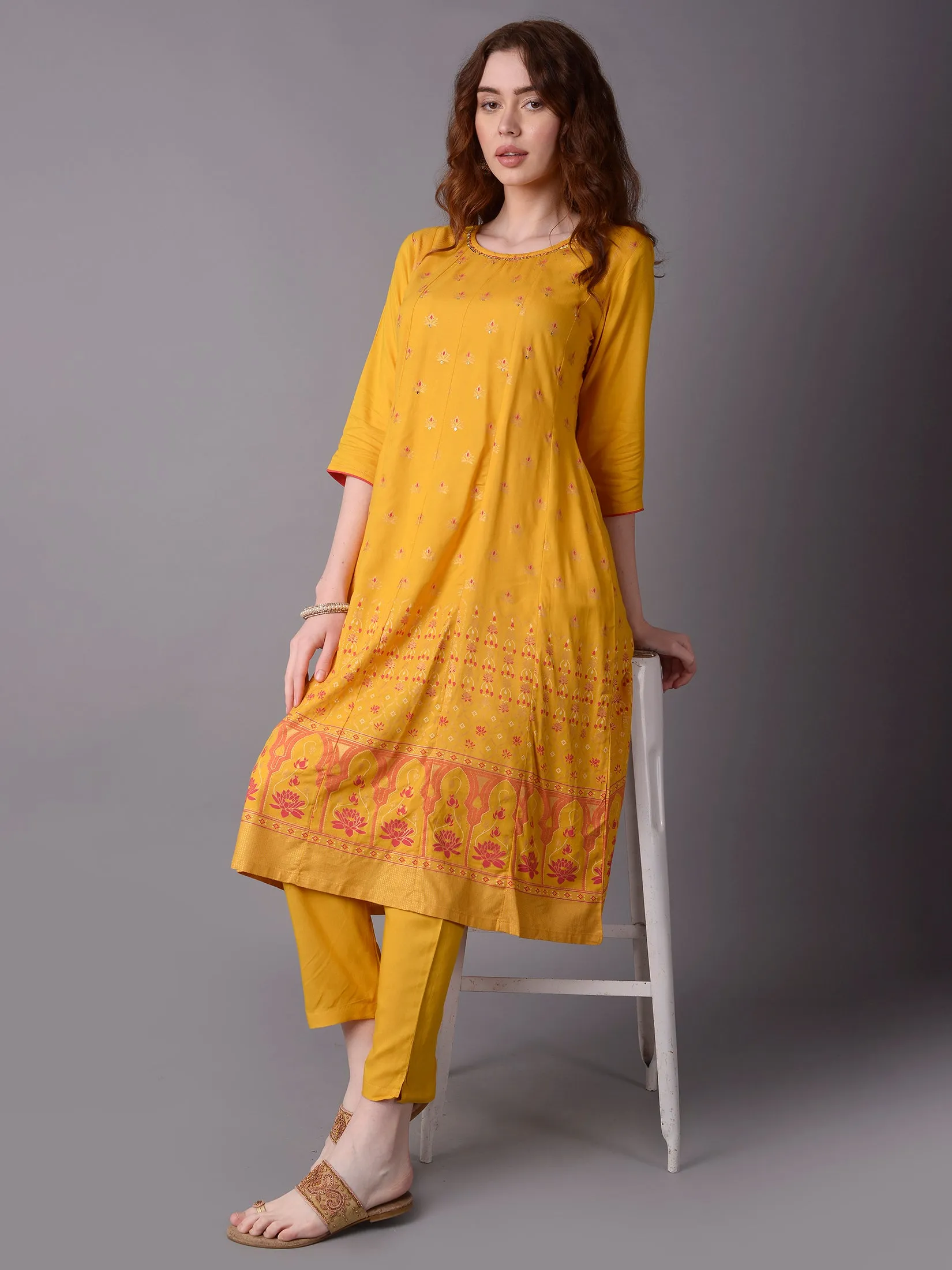 Women Mustard Ornamental Printed Kurta With Trouser