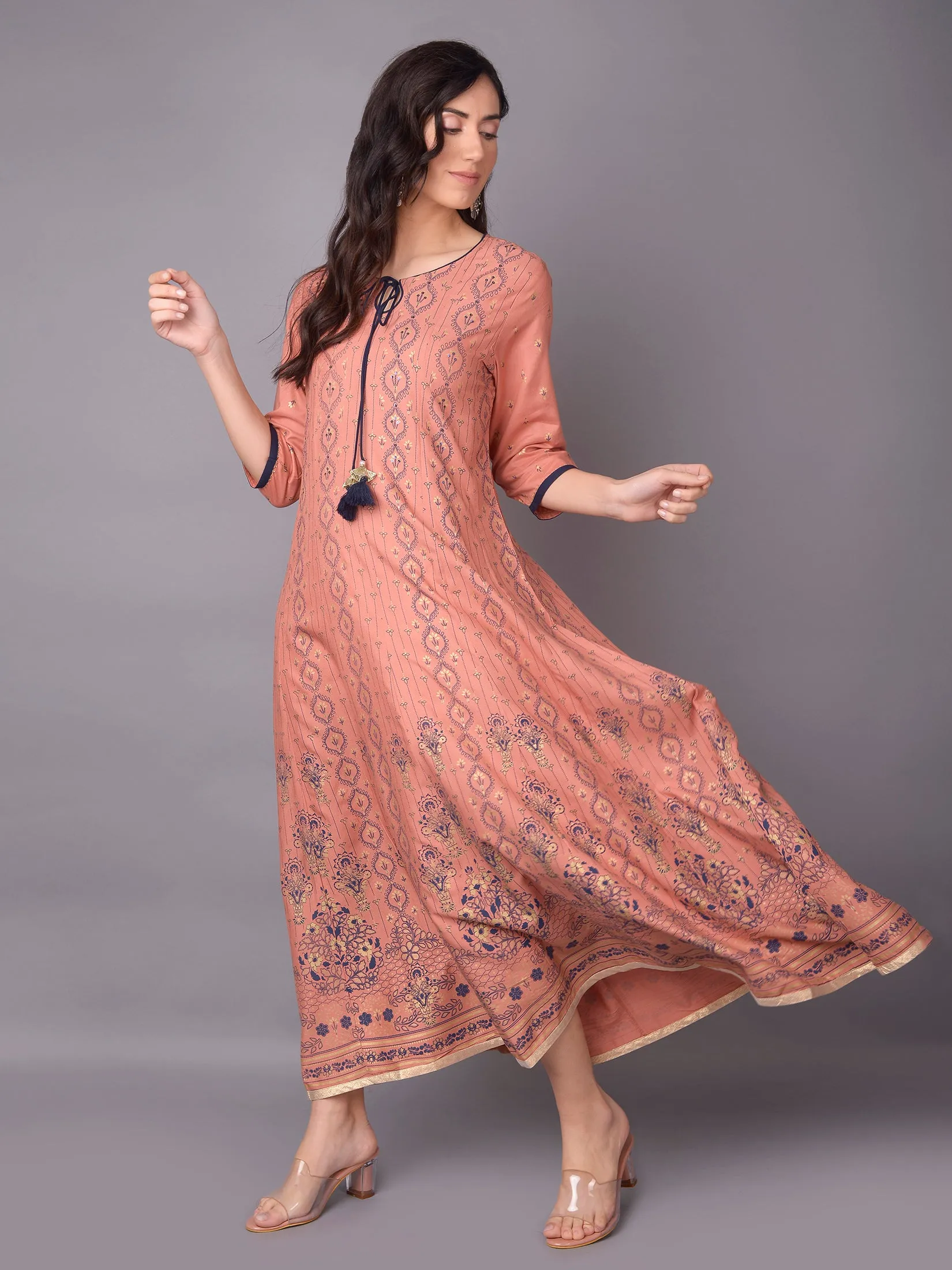 Women Peach Ornamental Printed Dress