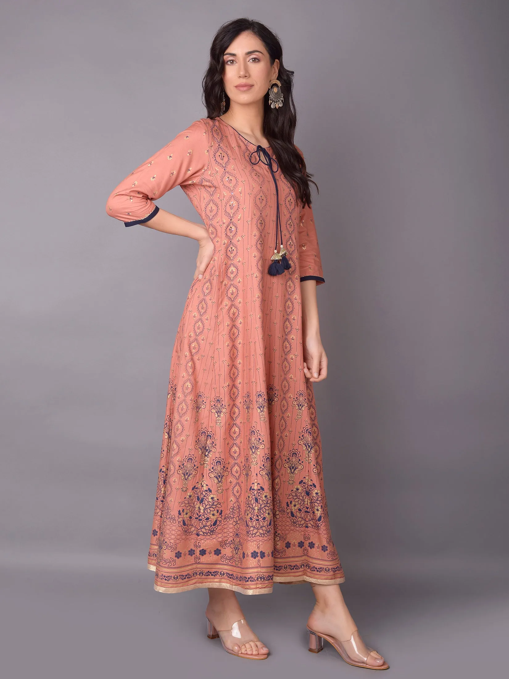 Women Peach Ornamental Printed Dress