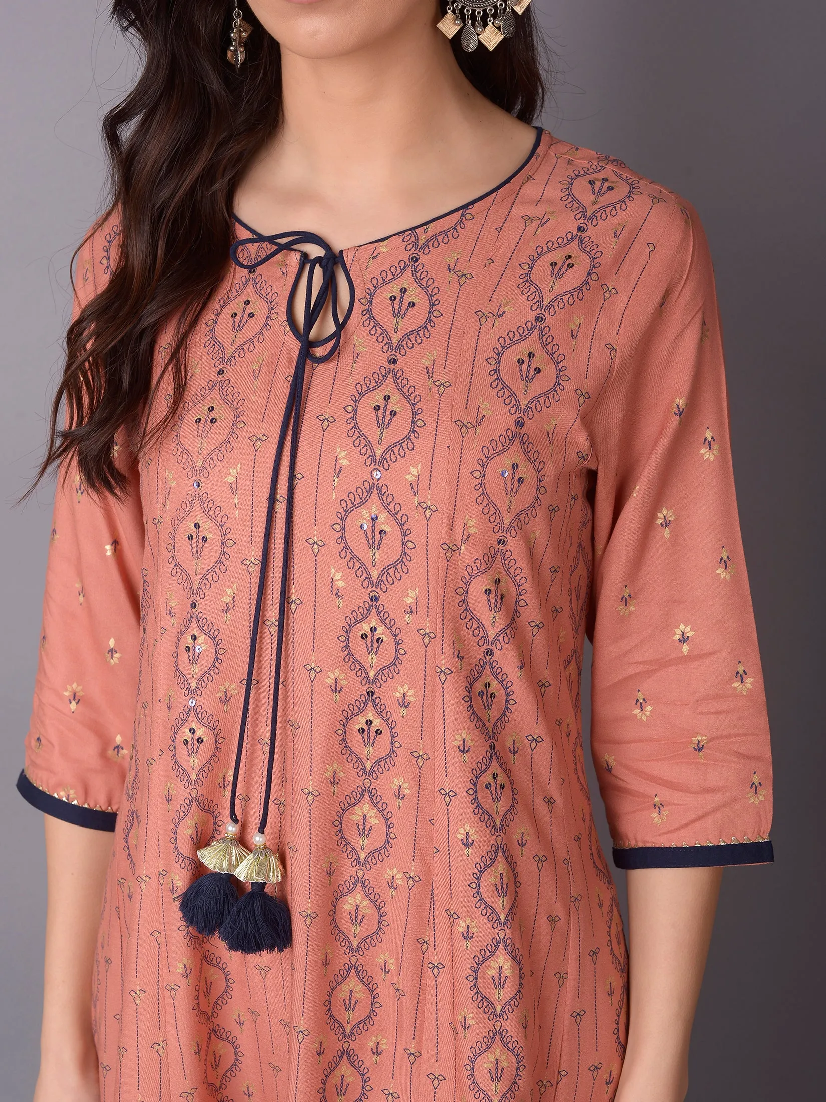 Women Peach Ornamental Printed Dress