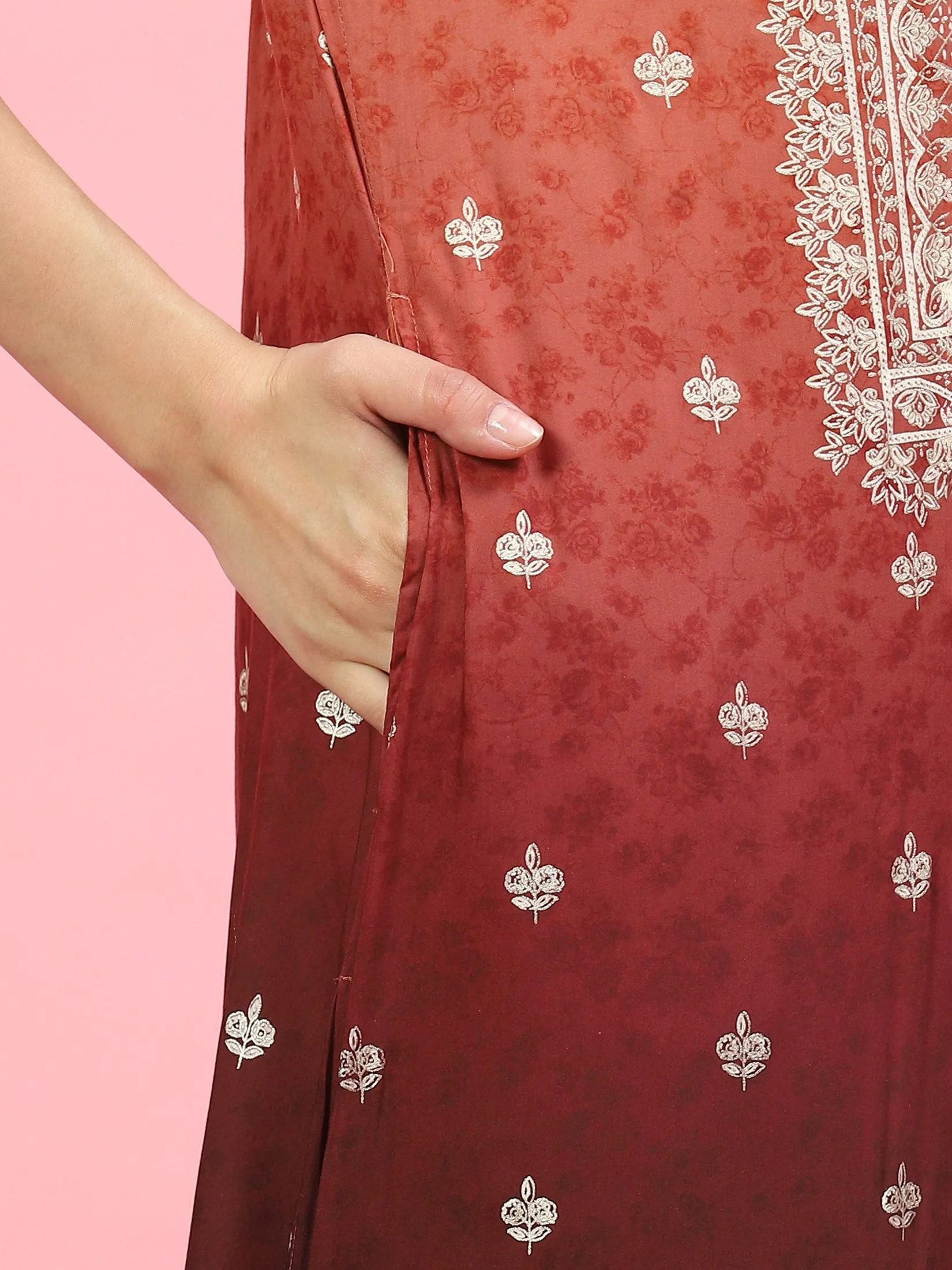 Women Rust Ornamental Printed Kurta Sharara Dupatta