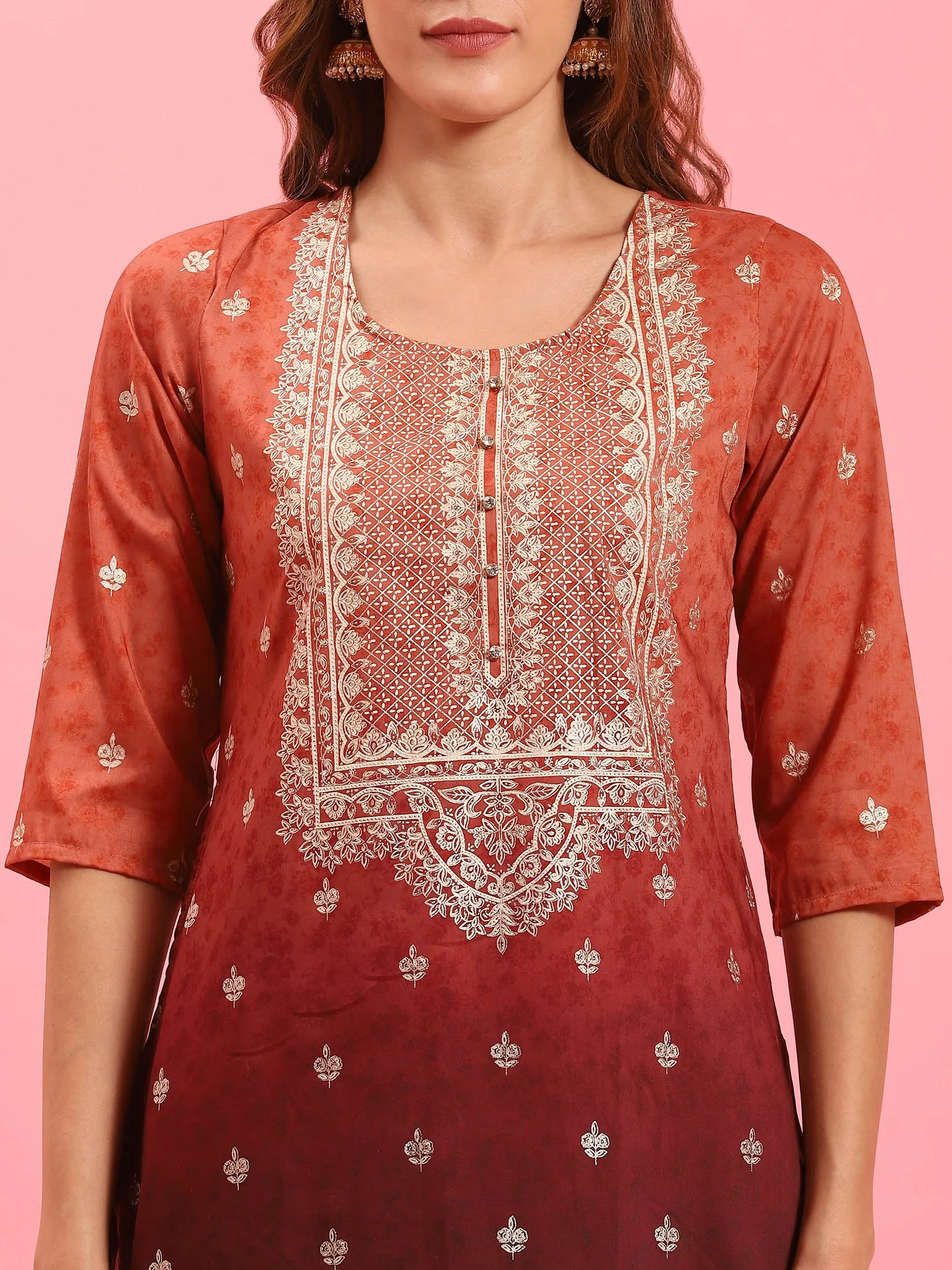 Women Rust Ornamental Printed Kurta Sharara Dupatta