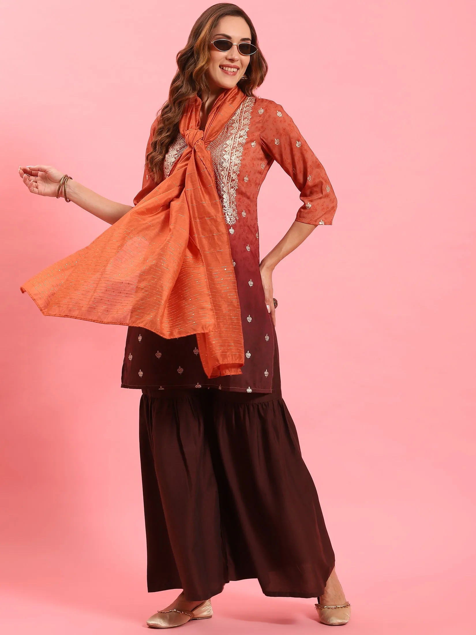 Women Rust Ornamental Printed Kurta Sharara Dupatta