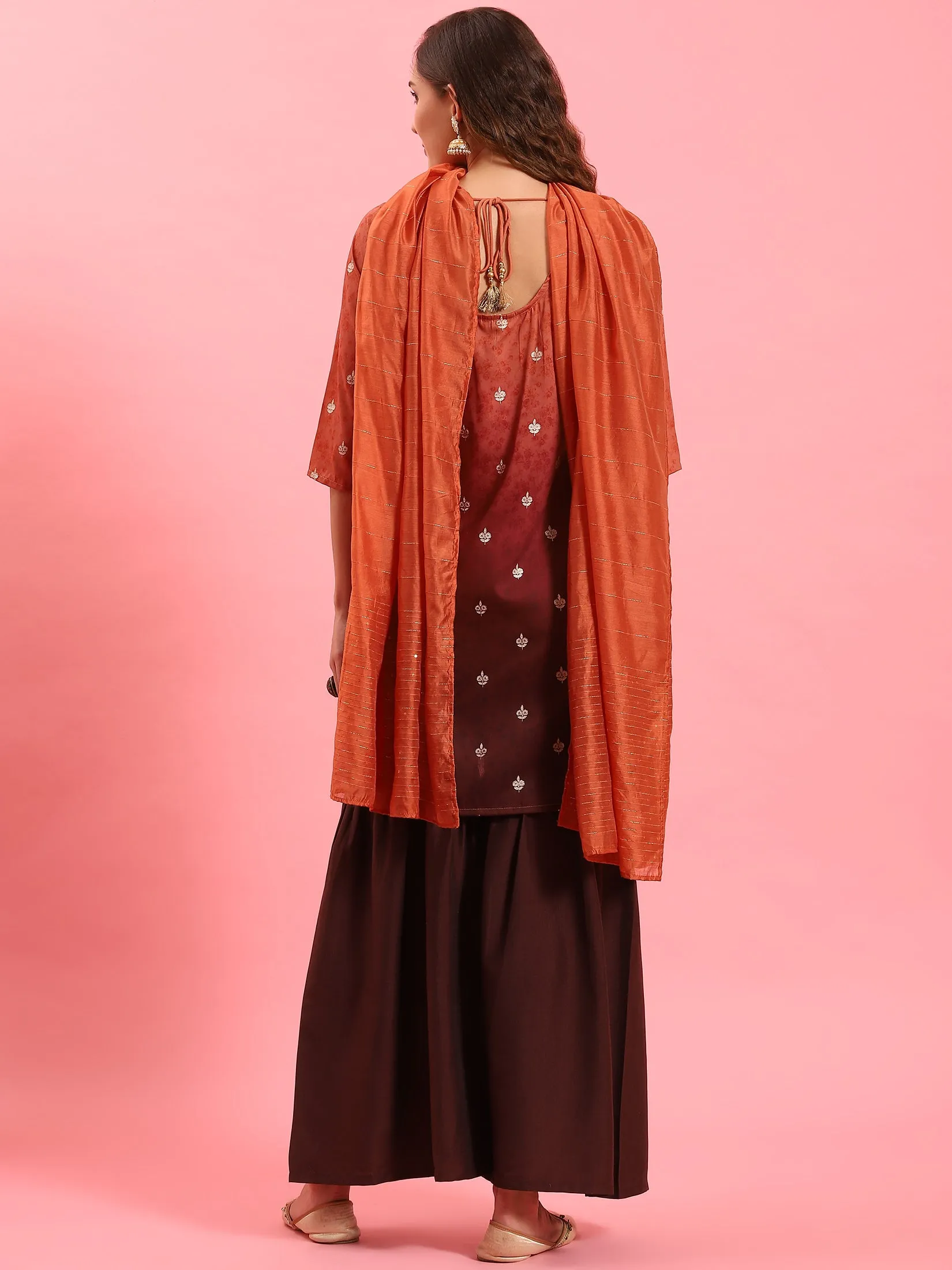 Women Rust Ornamental Printed Kurta Sharara Dupatta
