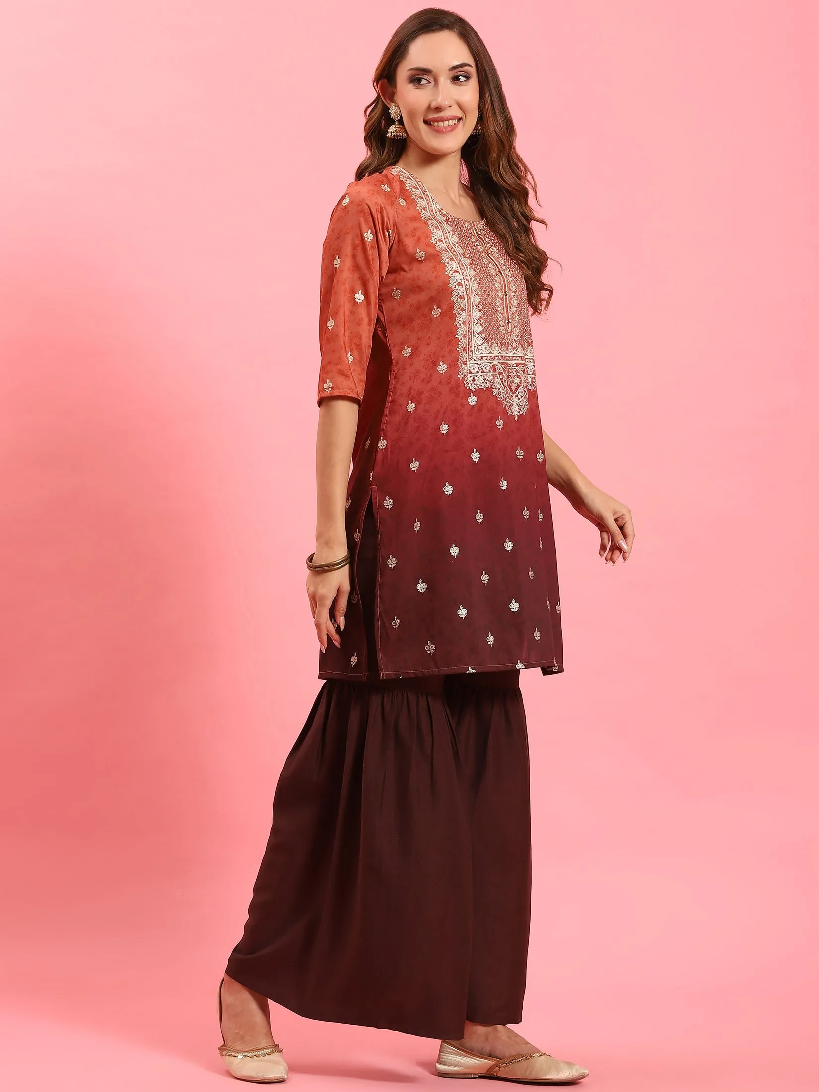 Women Rust Ornamental Printed Kurta Sharara Dupatta