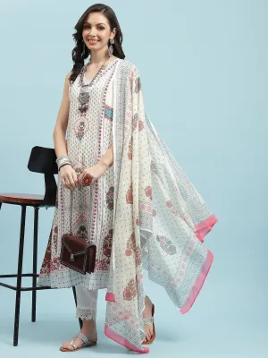 Women White Ornamental Printed Kurta Trouser Dupatta