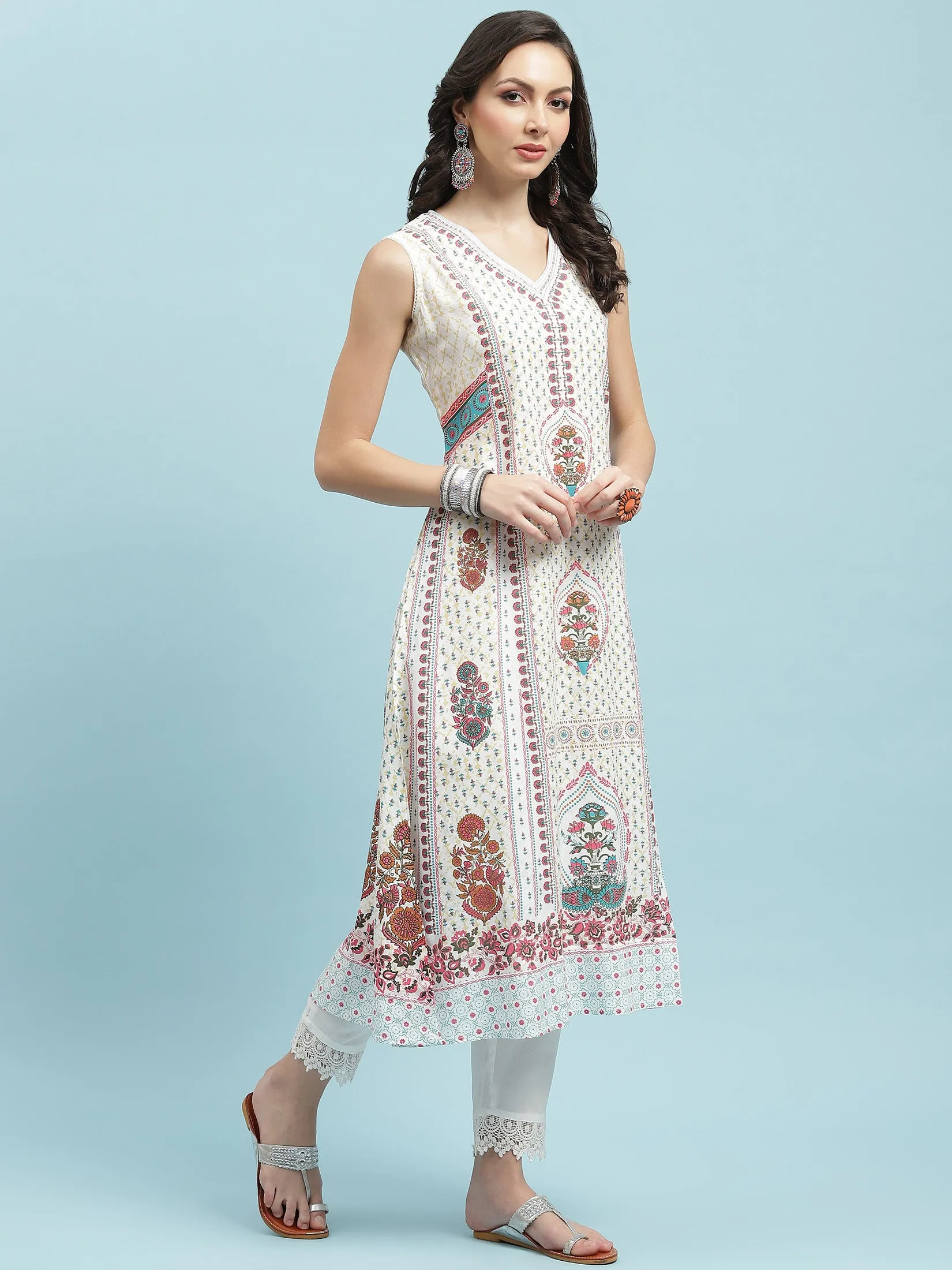Women White Ornamental Printed Kurta Trouser Dupatta