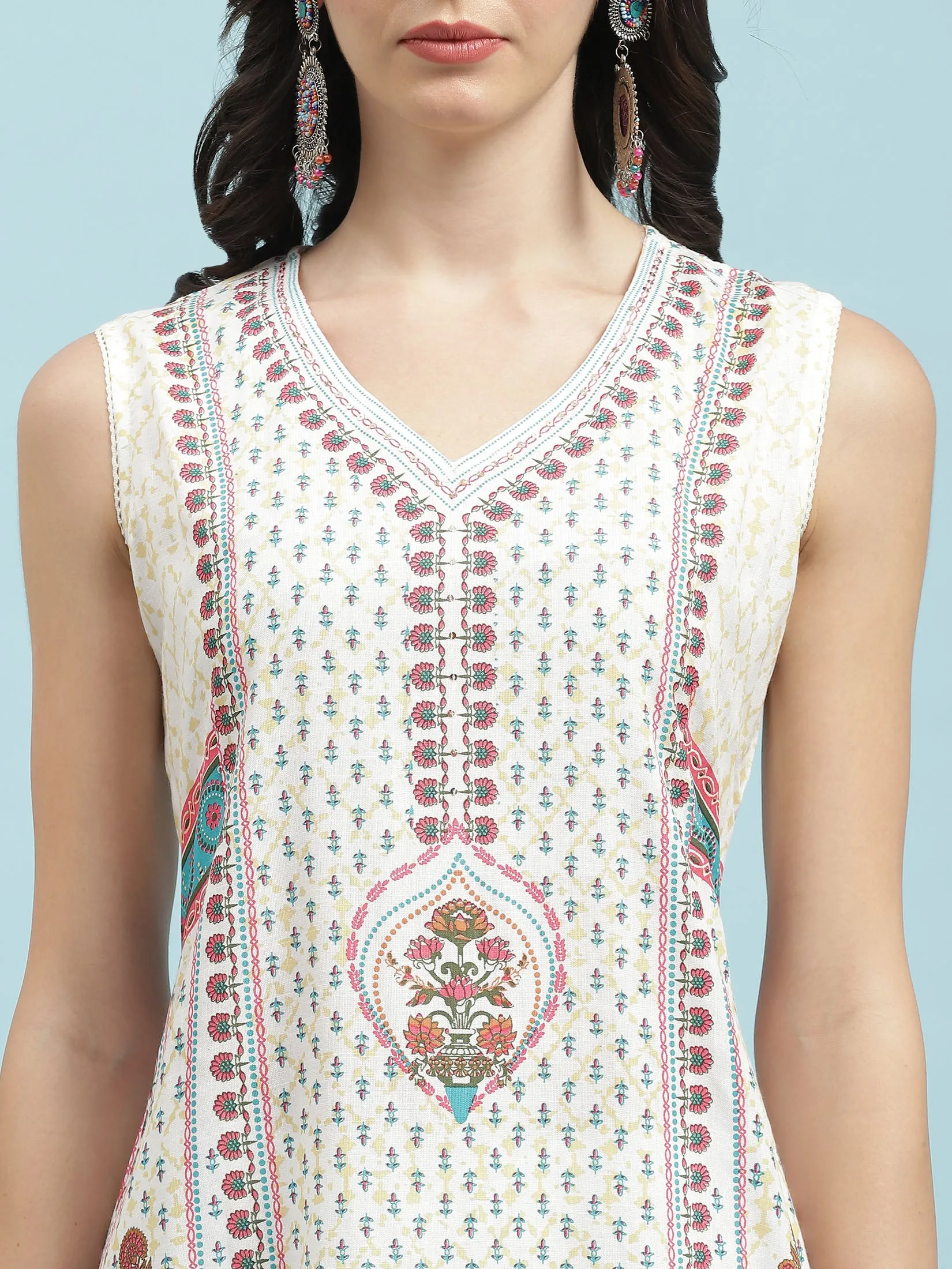 Women White Ornamental Printed Kurta Trouser Dupatta