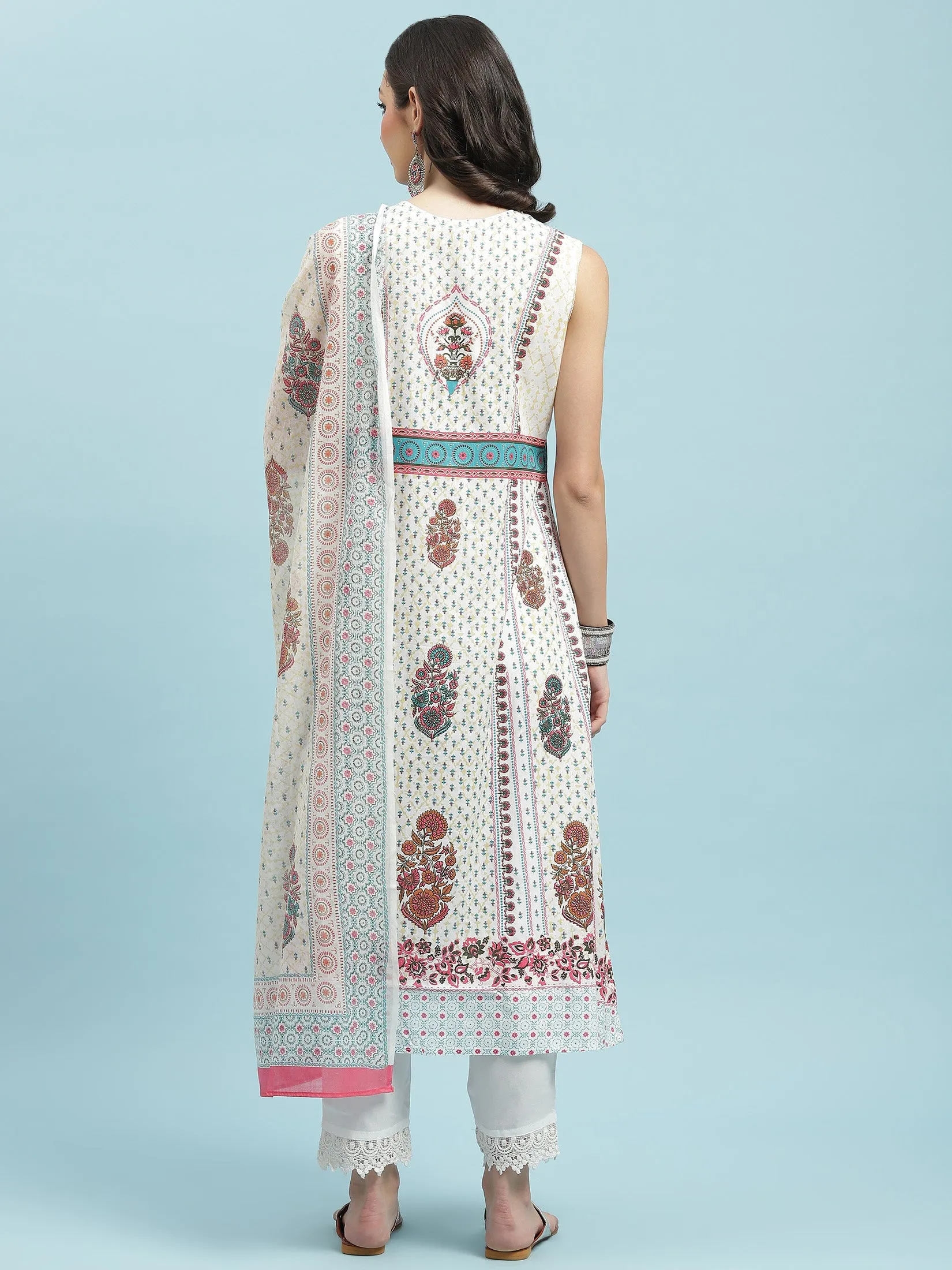 Women White Ornamental Printed Kurta Trouser Dupatta