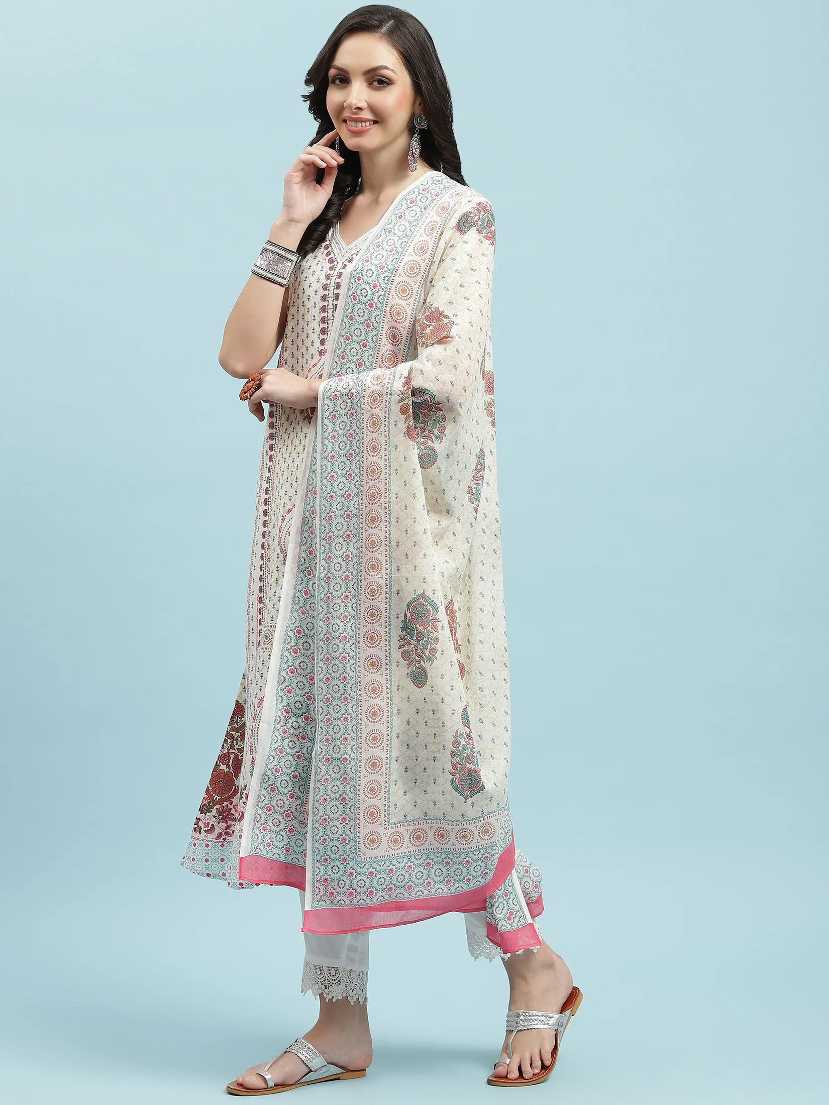 Women White Ornamental Printed Kurta Trouser Dupatta