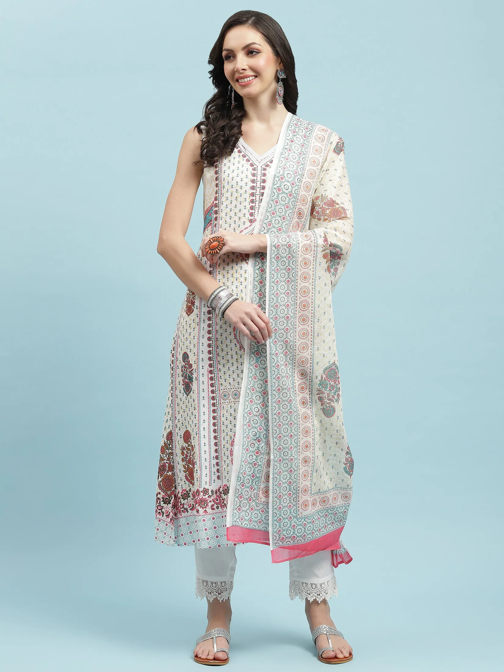 Women White Ornamental Printed Kurta Trouser Dupatta